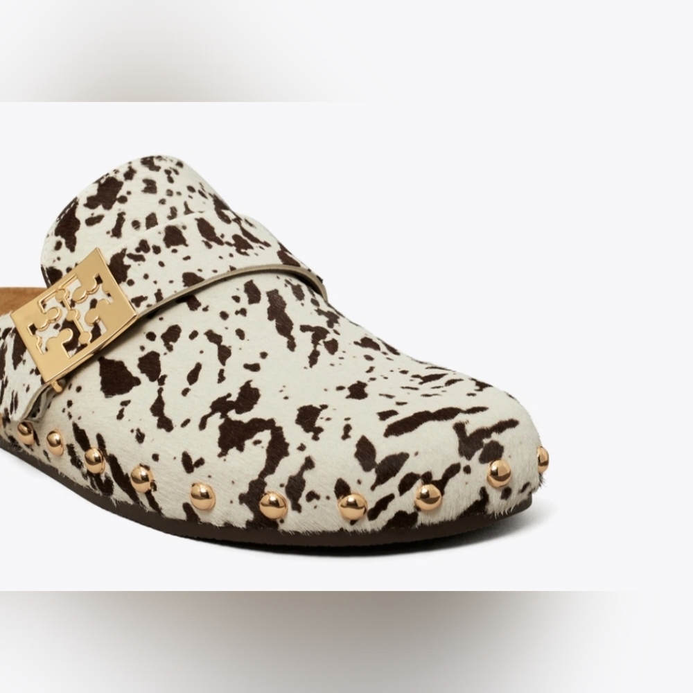 TORY BURCH MELLOW STUDDED MULE cow Print With Gold Studs Woman's 10 Slides NIB - Picture 3 of 11